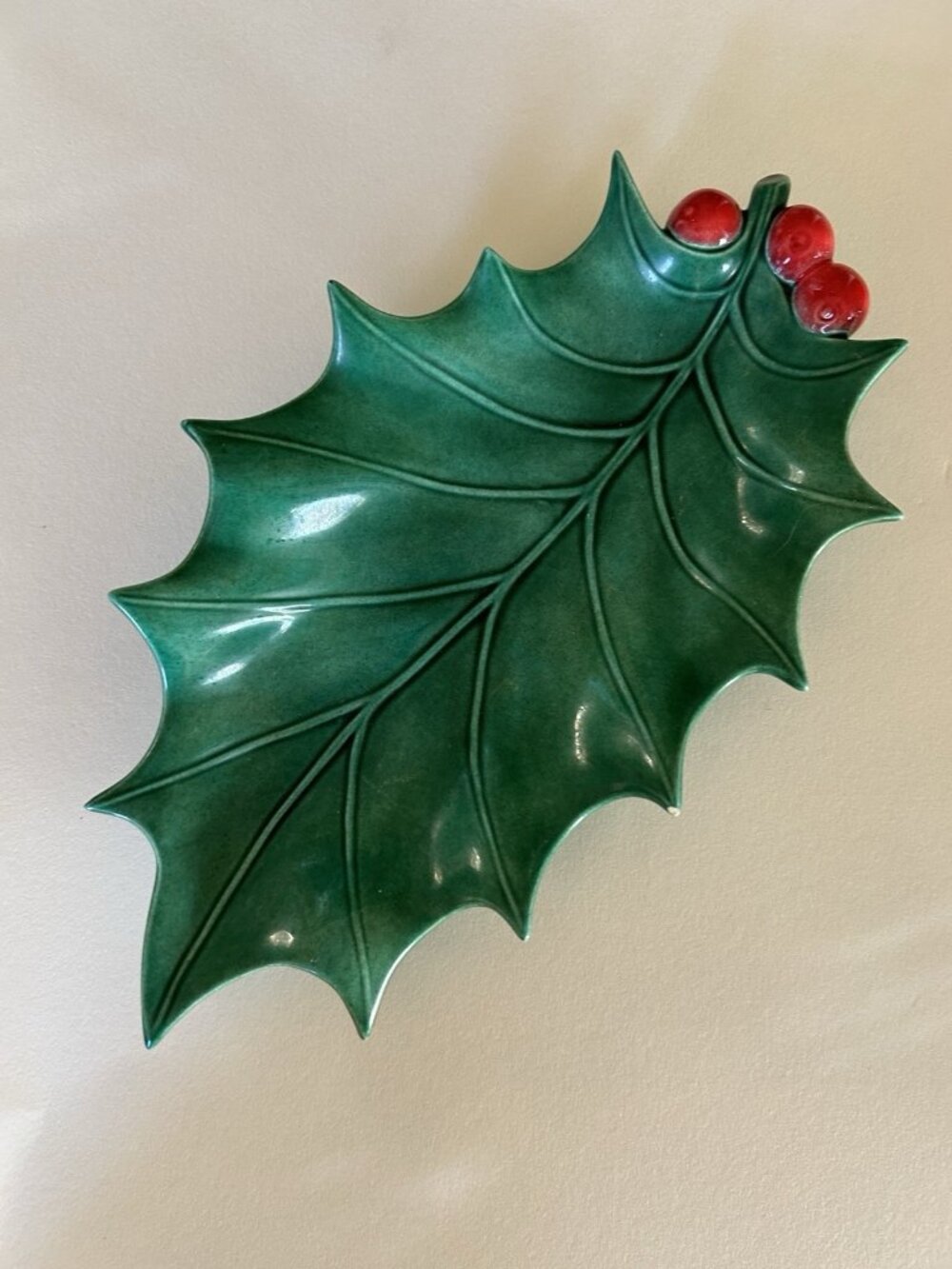 Vintage Christmas Candy Dish Holly Leaf With Berries